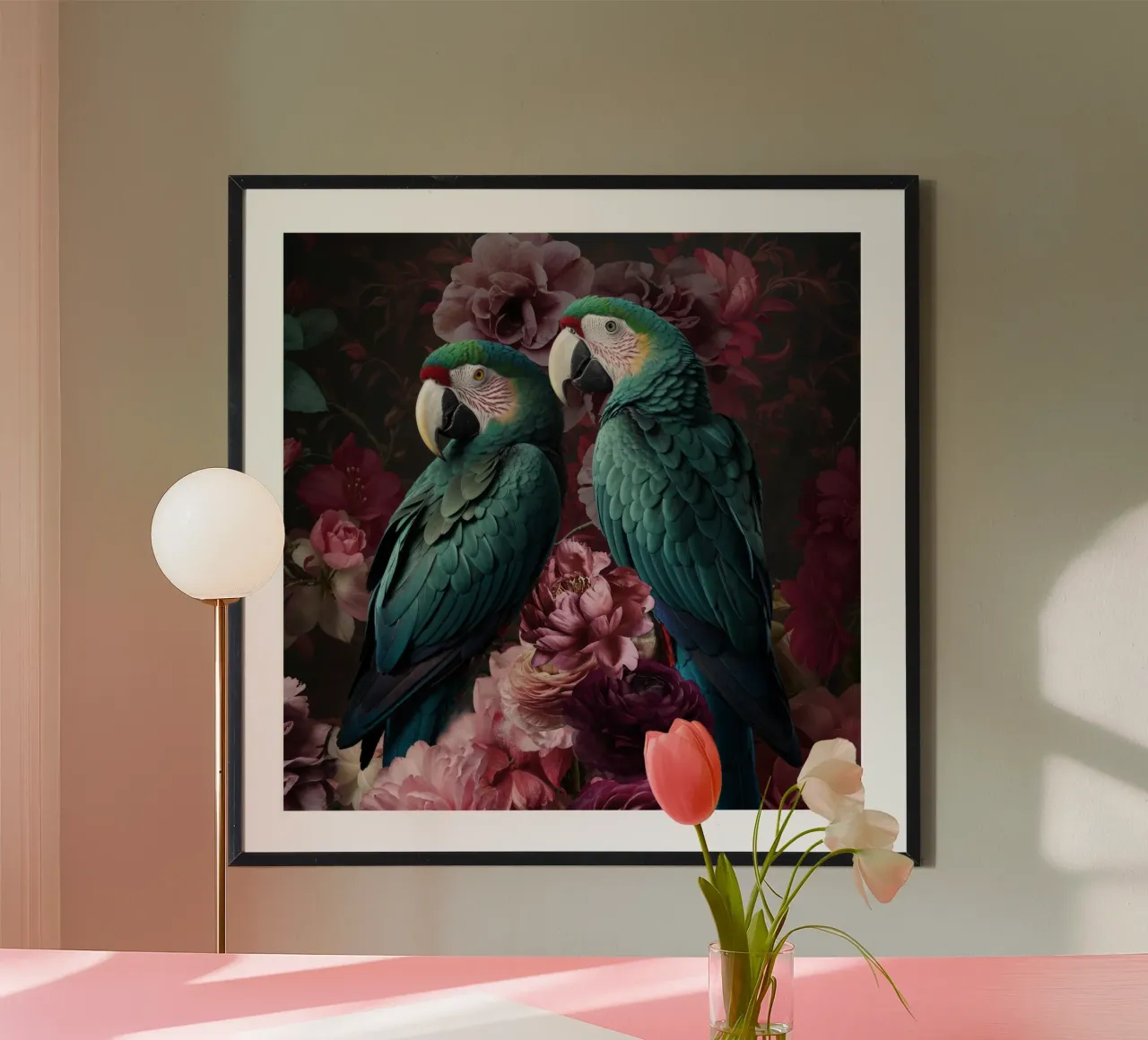 Giardino di mezzanotte con pappagalli alzavola poster con telaio in legno da Andrea Haase Vintage World