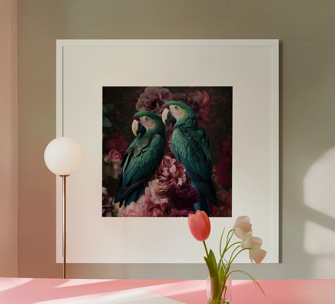 Giardino di mezzanotte con pappagalli alzavola poster con telaio in legno da Andrea Haase Vintage World