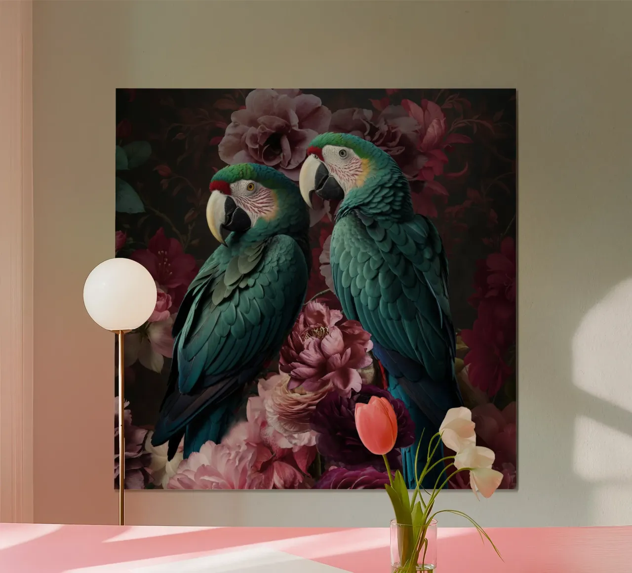 Giardino di mezzanotte con pappagalli alzavola poster con telaio in legno da Andrea Haase Vintage World