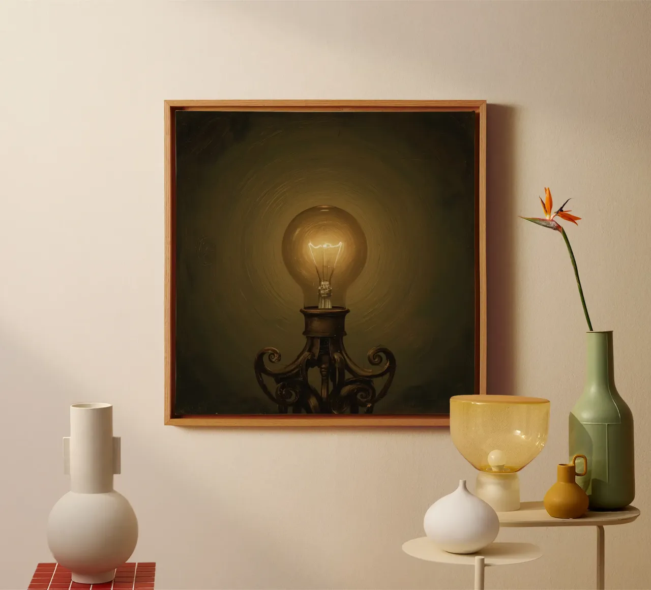 Lampadina illuminata su supporto in metallo tela con Cornice a cassetta da DesignDoodle