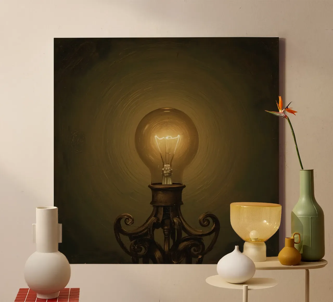 Lampadina illuminata su supporto in metallo tela con Cornice a cassetta da DesignDoodle