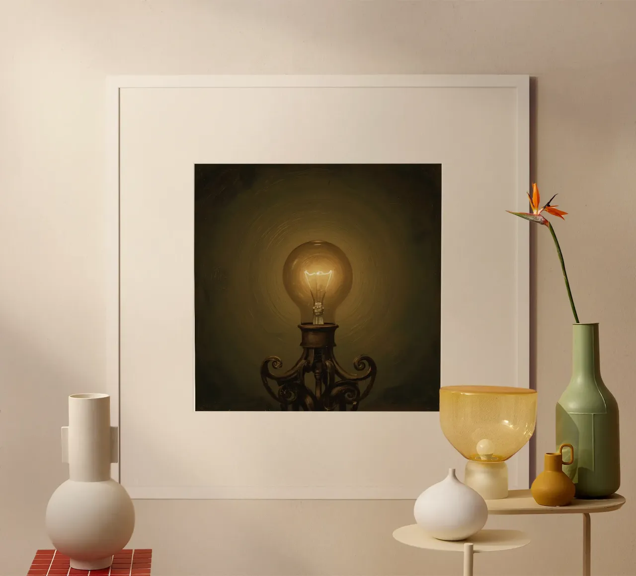 Lampadina illuminata su supporto in metallo poster con telaio in legno da DesignDoodle