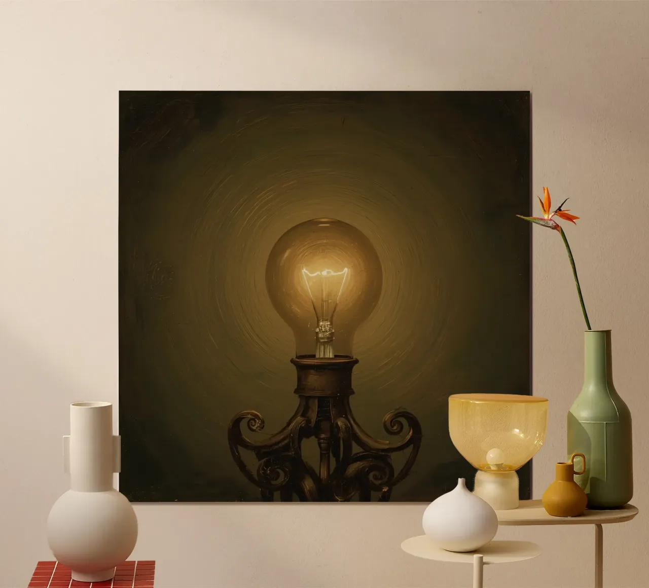 Lampadina illuminata su supporto in metallo poster con telaio in legno da DesignDoodle