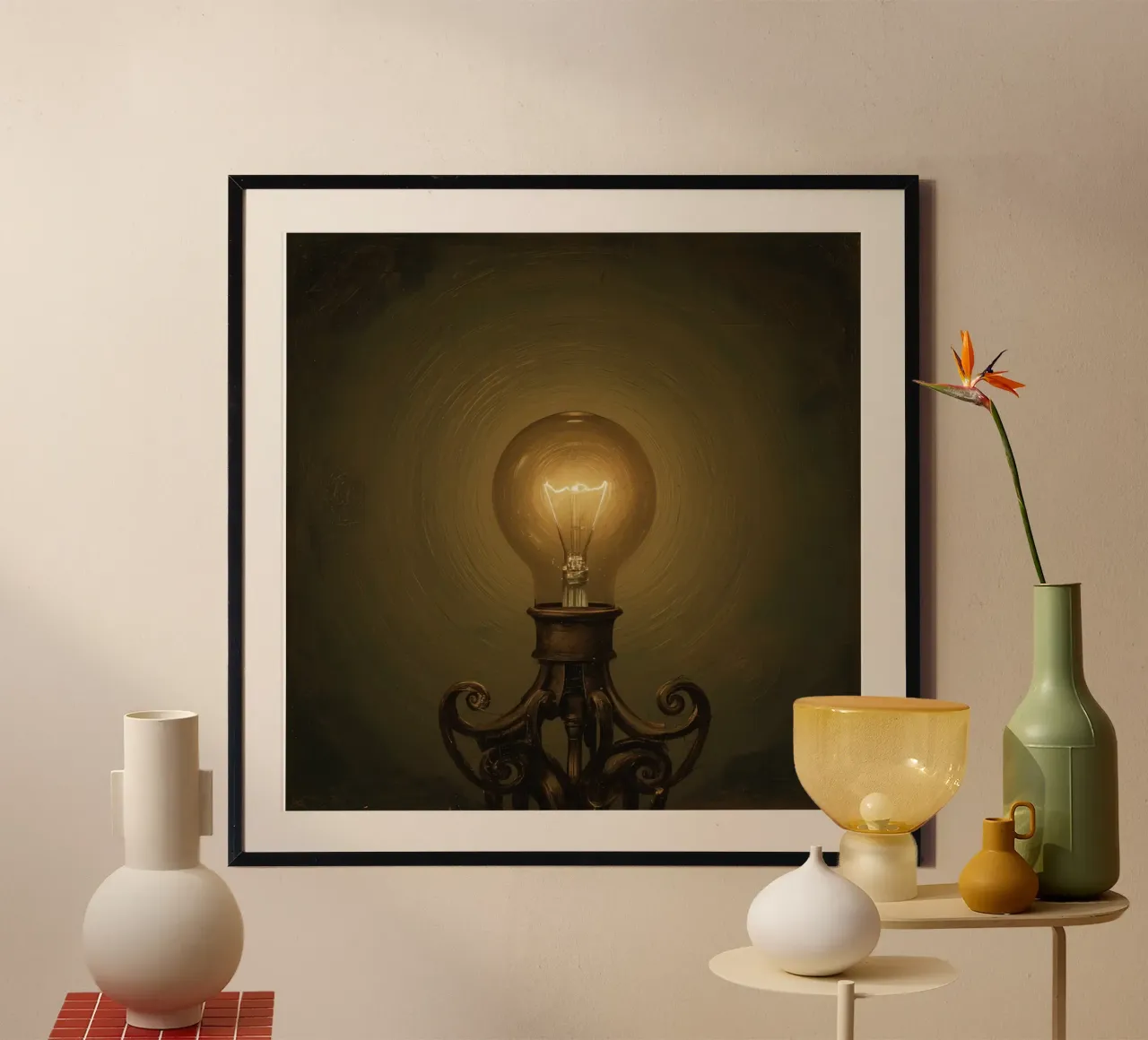 Lampadina illuminata su supporto in metallo poster con telaio in legno da DesignDoodle