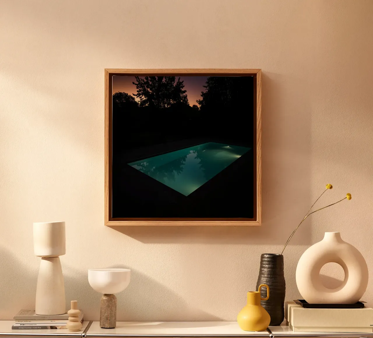 Illuminated Swimming Pool at Night with Twilight Sky canvas with Floater frame by DesignDoodle