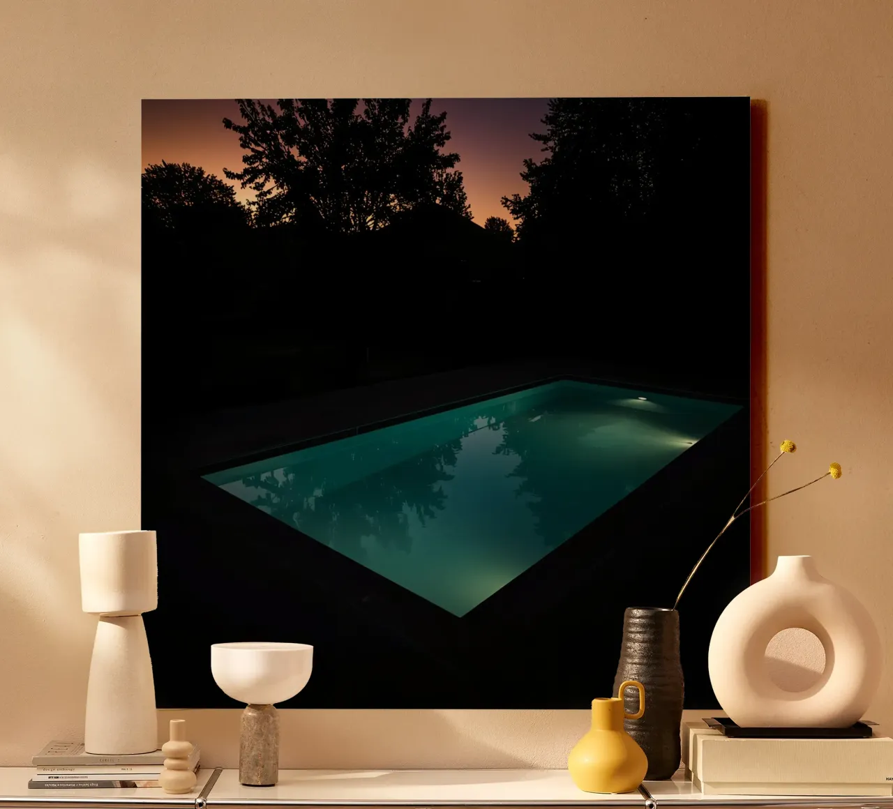 Illuminated Swimming Pool at Night with Twilight Sky canvas with Floater frame by DesignDoodle