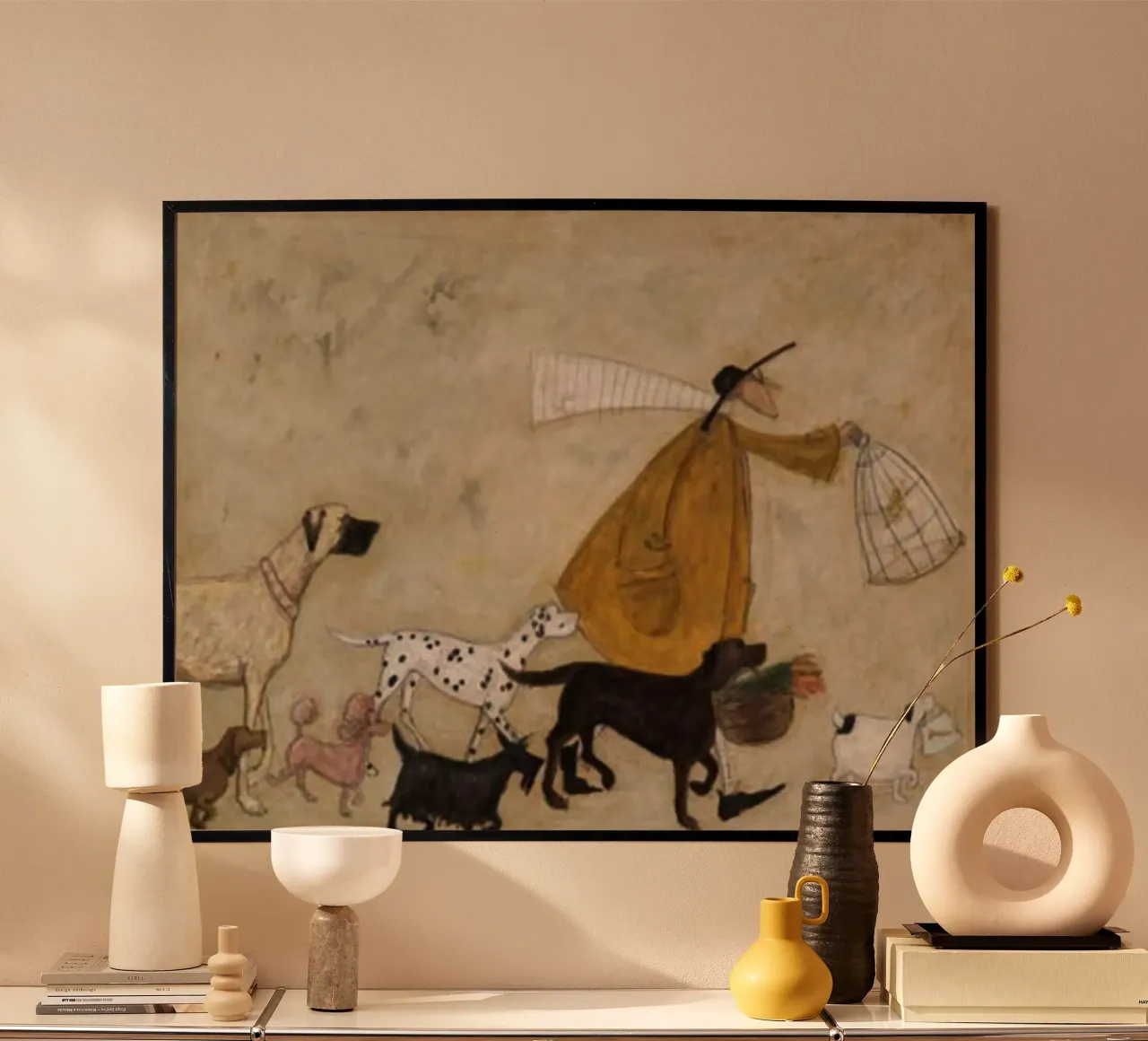 Visita a vecchi amici a Battersea di Sam Toft poster con telaio in alluminio da Patrick Mitchell