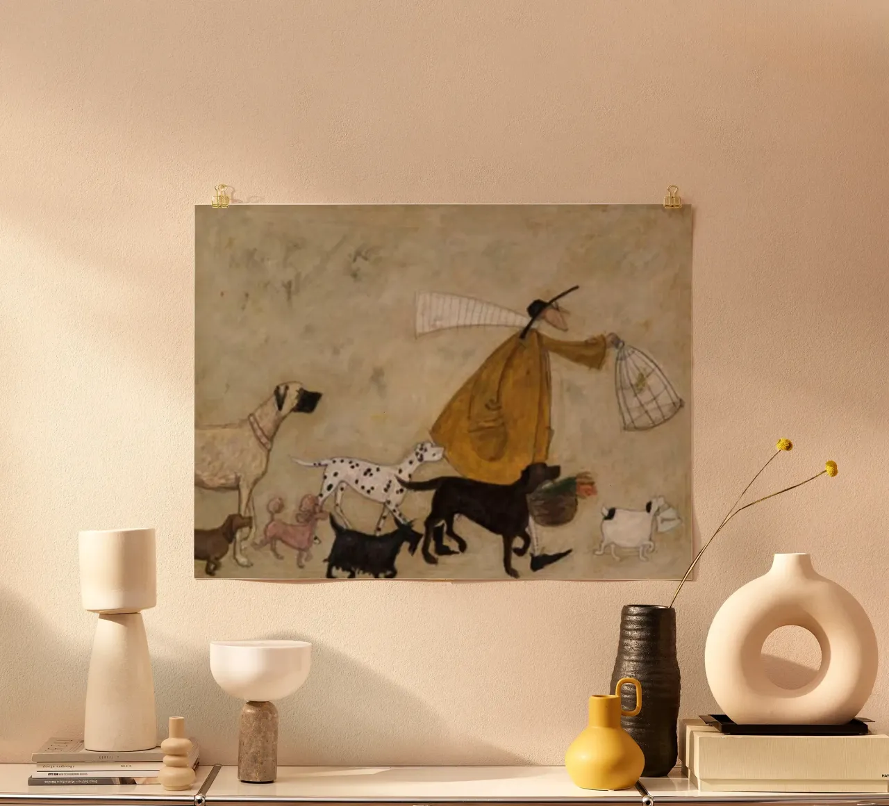 Visita a vecchi amici a Battersea di Sam Toft poster con telaio in alluminio da Patrick Mitchell