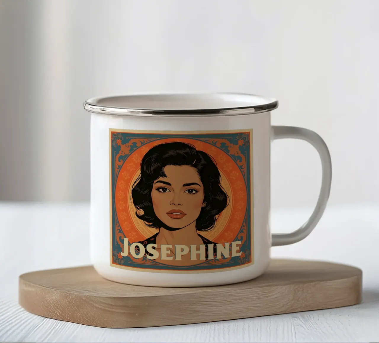 Donna Josephine con capelli corti in cornice decorativa tazza in smalto da DesignDoodle