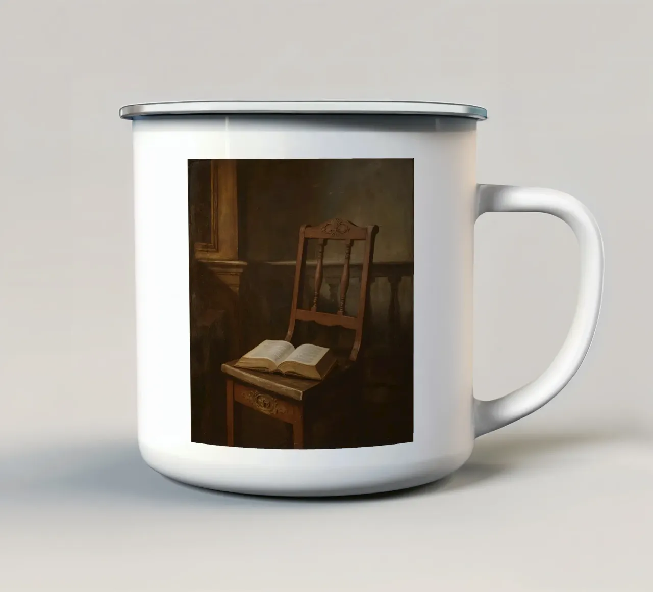 Libro aperto su sedia di legno Natura morta tazza in smalto da DesignDoodle