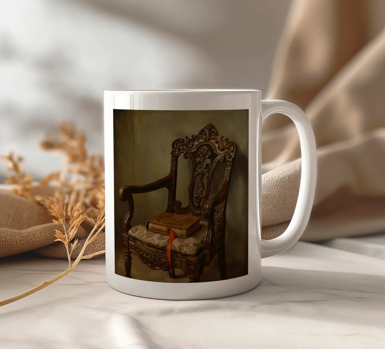 Sedia ornata con libro e nastro tazza in ceramica da DesignDoodle