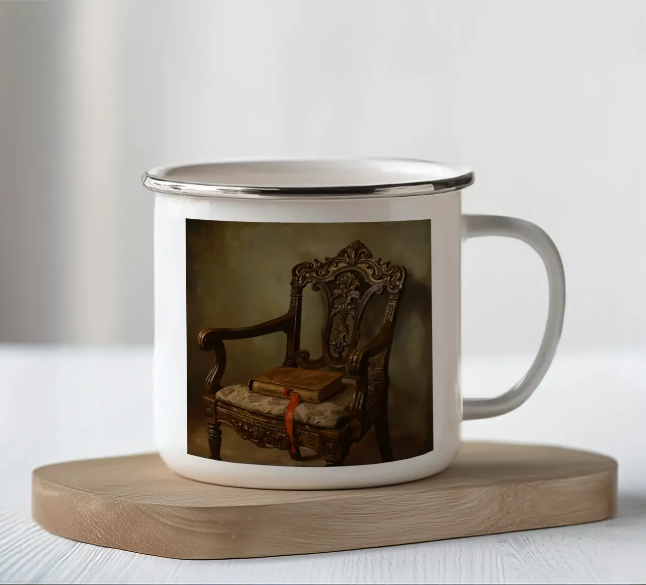 Sedia ornata con libro e nastro tazza in smalto da DesignDoodle