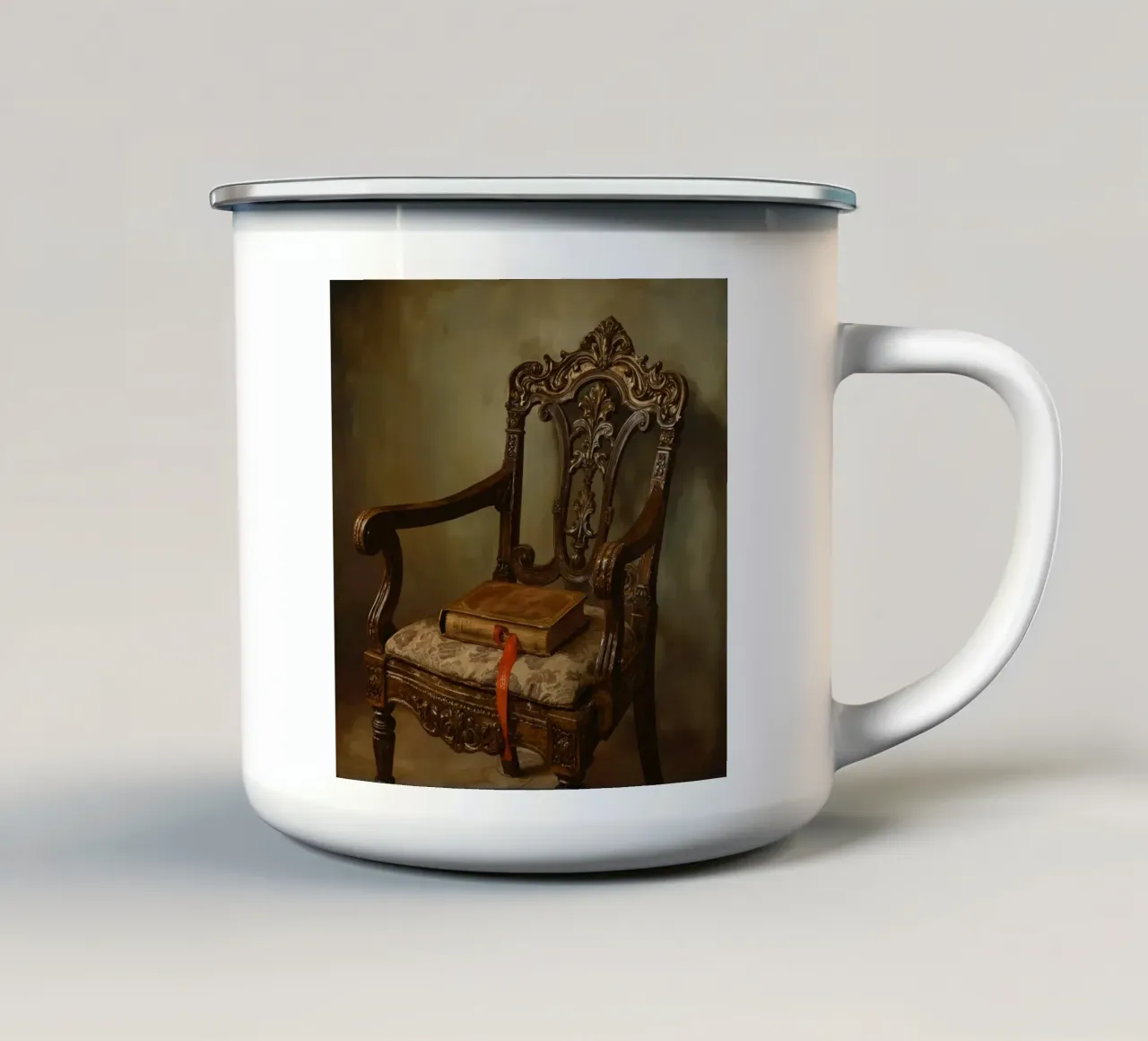 Sedia ornata con libro e nastro tazza in smalto da DesignDoodle