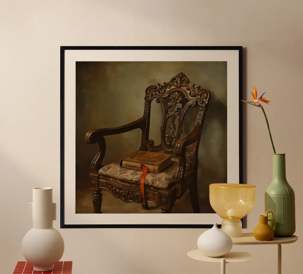 Sedia ornata con libro e nastro poster con telaio in alluminio da DesignDoodle
