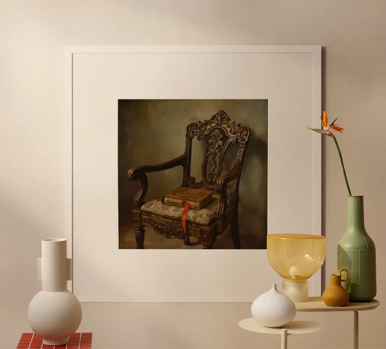 Sedia ornata con libro e nastro poster con telaio in alluminio da DesignDoodle