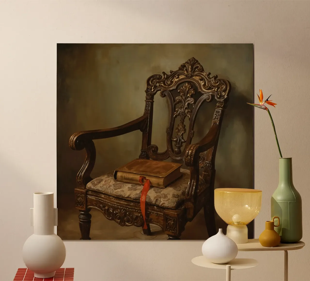 Sedia ornata con libro e nastro poster con telaio in alluminio da DesignDoodle