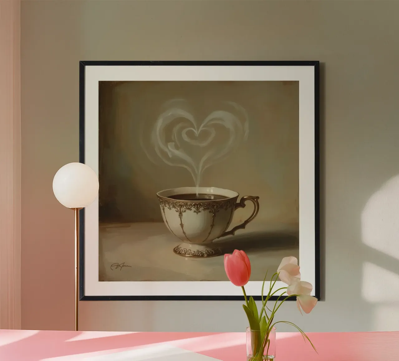 Tazza ornata con liquido scuro e vapore a forma di cuore poster da DesignDoodle
