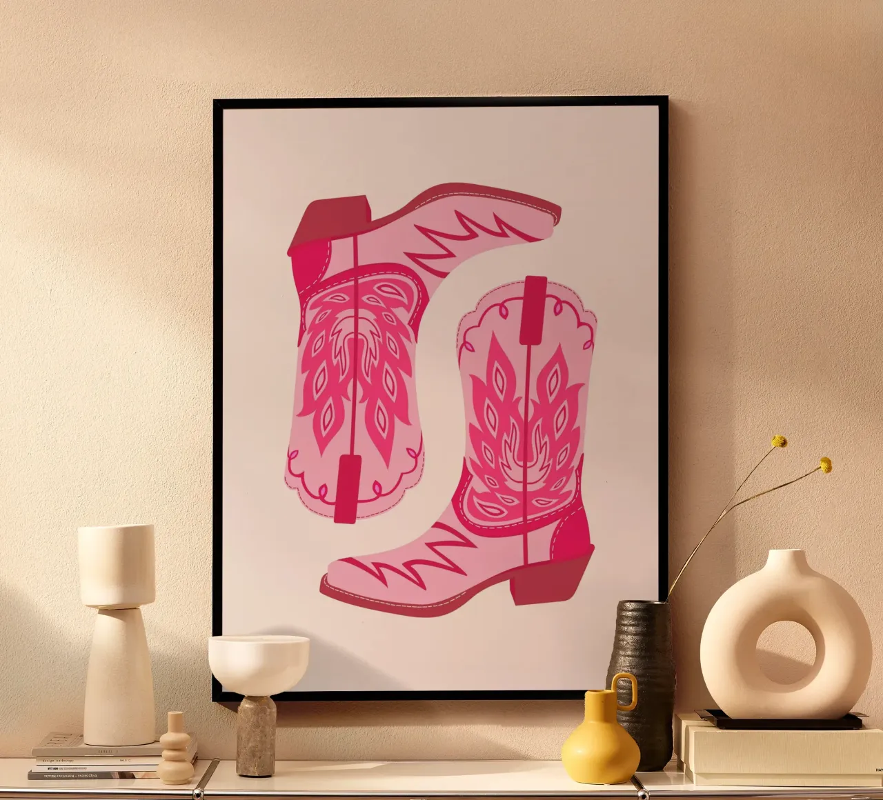 Stivali da cowgirl rosa alla moda poster con telaio in legno da fltmfrance