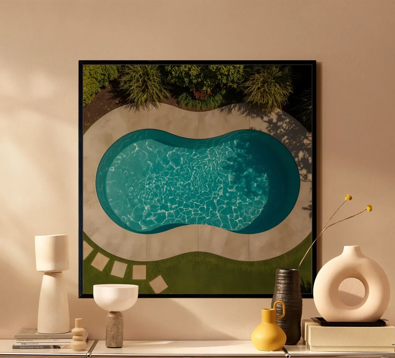 Vue aérienne d'une piscine en forme de rein avec paysage poster de DesignDoodle