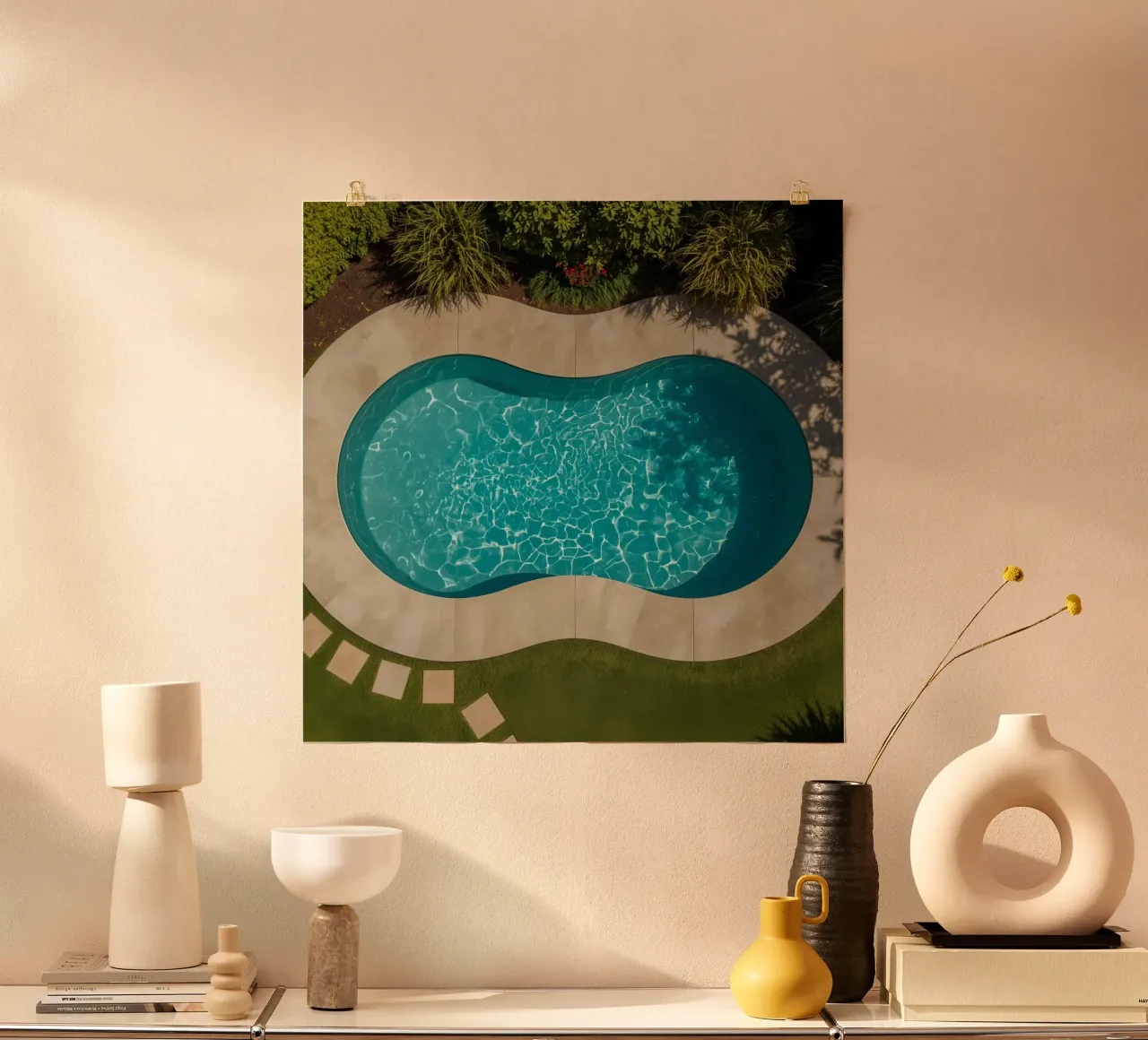 Vue aérienne d'une piscine en forme de rein avec paysage poster de DesignDoodle