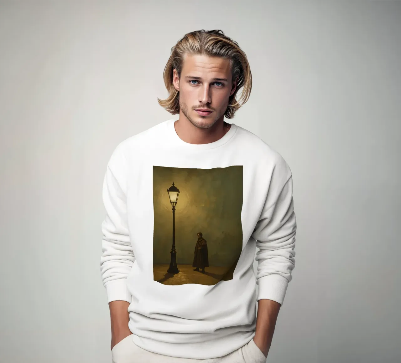 Pittura di un uomo in piedi accanto a un lampione acceso felpa da DesignDoodle