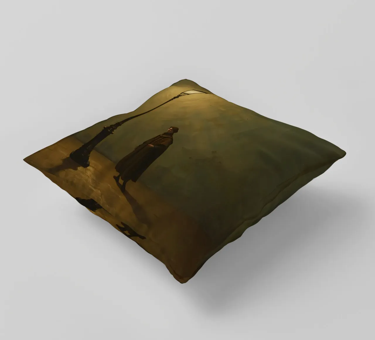 Pittura di un uomo in piedi accanto a un lampione acceso cuscino da DesignDoodle