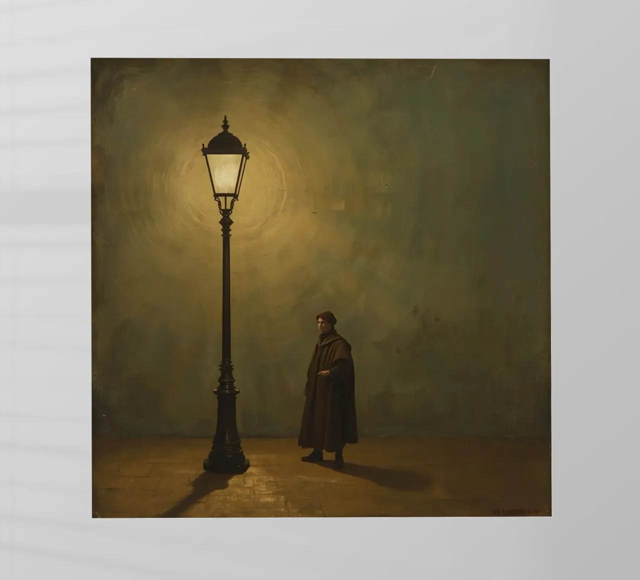 Pittura di un uomo in piedi accanto a un lampione acceso pellicola backlit da DesignDoodle