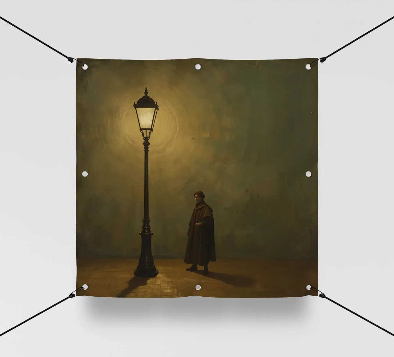 Pittura di un uomo in piedi accanto a un lampione acceso telo in pvc da DesignDoodle