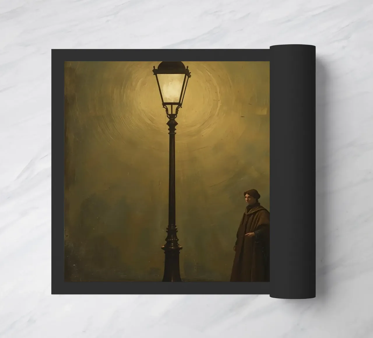 Pittura di un uomo in piedi accanto a un lampione acceso zerbino da DesignDoodle