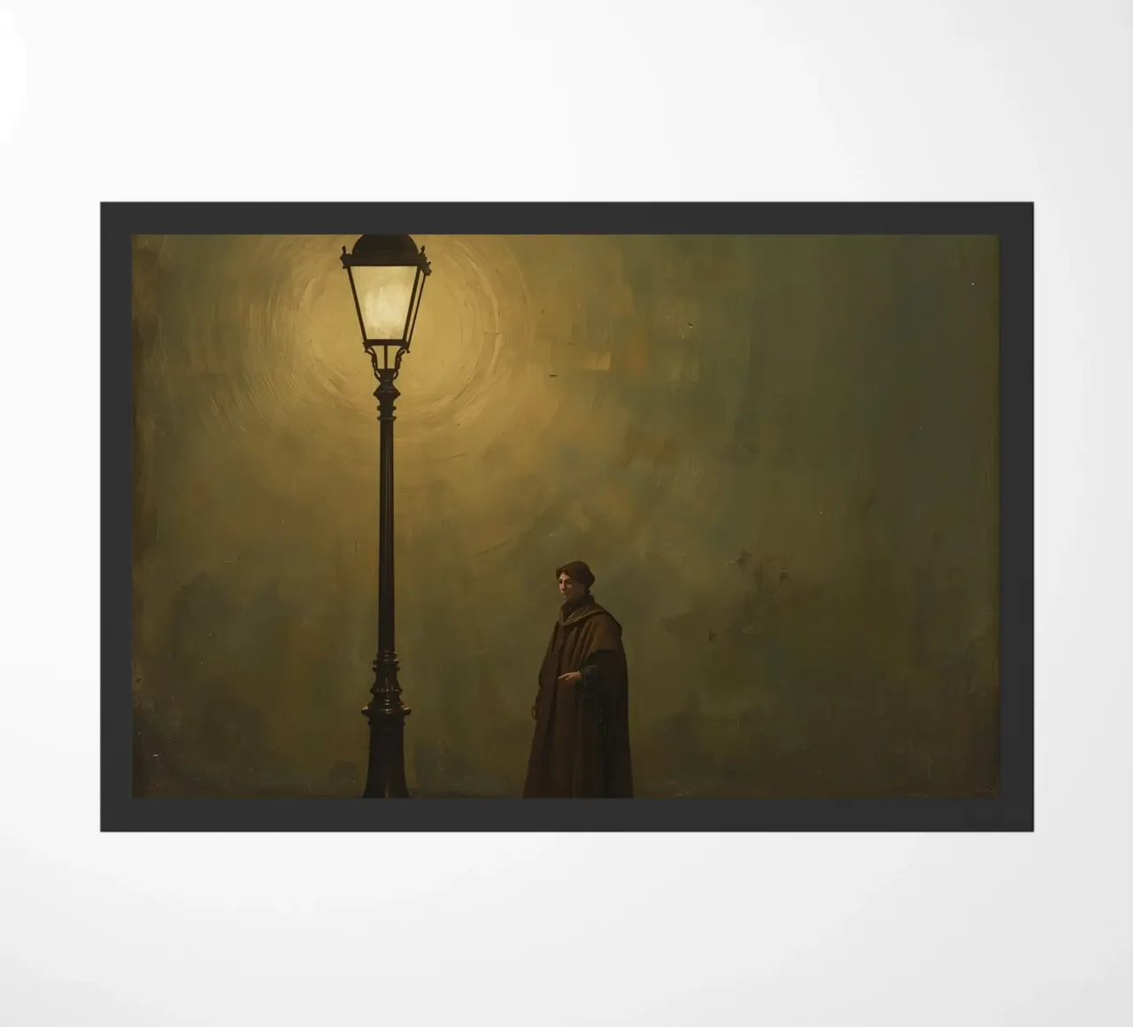 Pittura di un uomo in piedi accanto a un lampione acceso zerbino da DesignDoodle