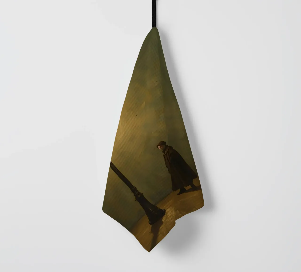 Pittura di un uomo in piedi accanto a un lampione acceso canovaccio da cucina da DesignDoodle