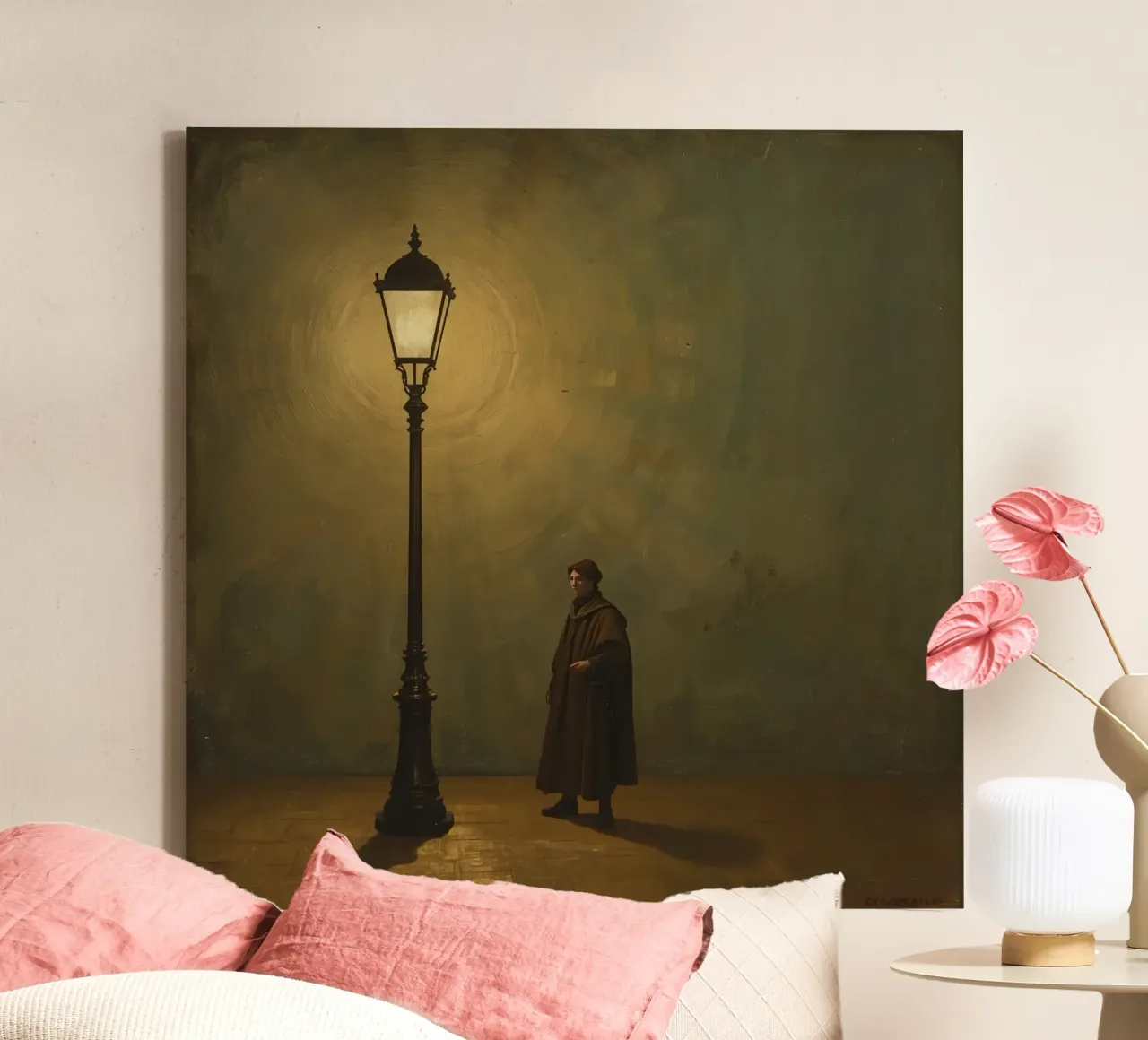 Pittura di un uomo in piedi accanto a un lampione acceso tela con Cornice a cassetta da DesignDoodle