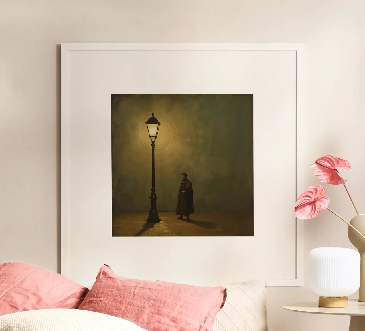 Pittura di un uomo in piedi accanto a un lampione acceso poster con telaio in alluminio da DesignDoodle