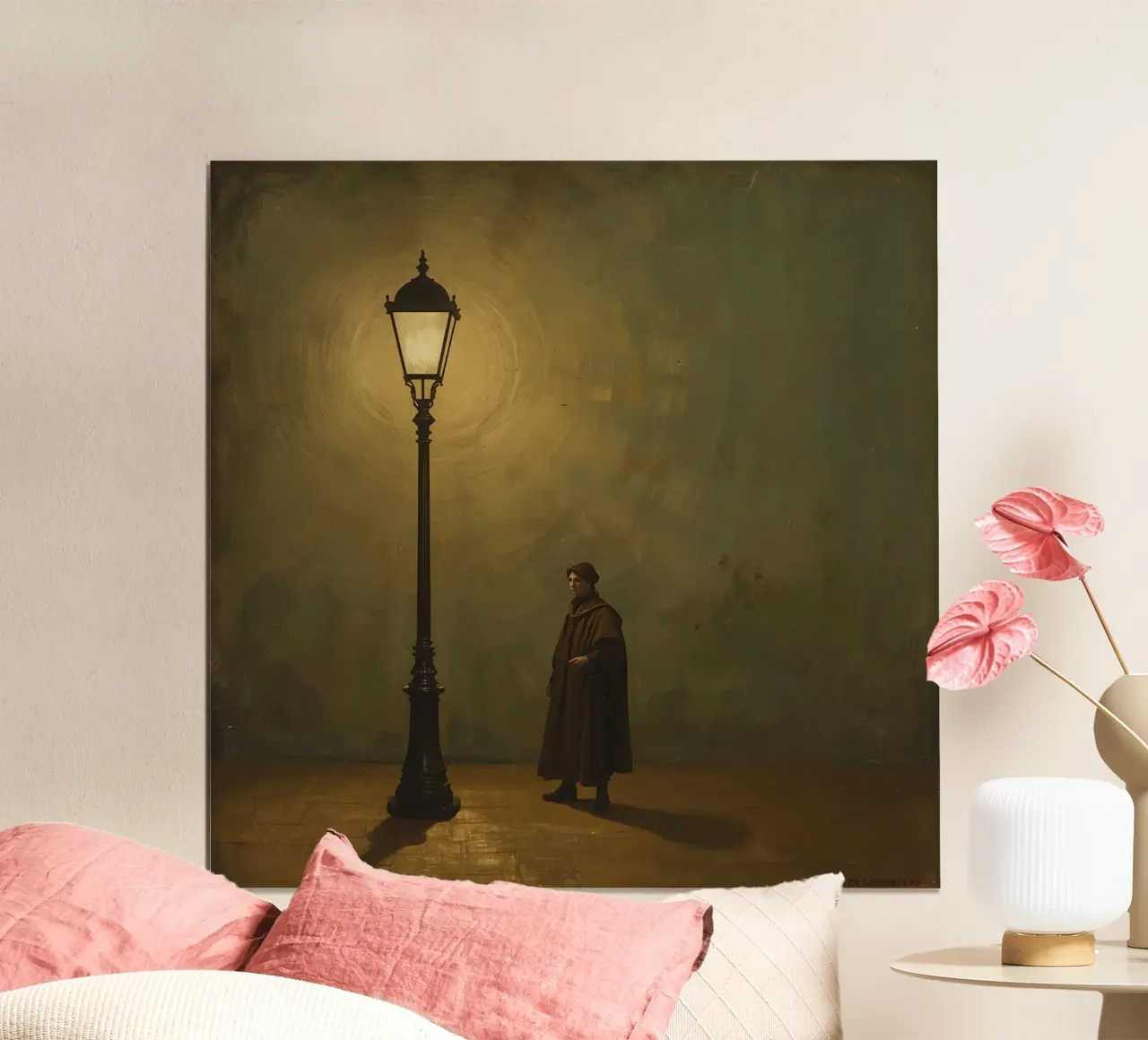 Pittura di un uomo in piedi accanto a un lampione acceso poster con telaio in alluminio da DesignDoodle