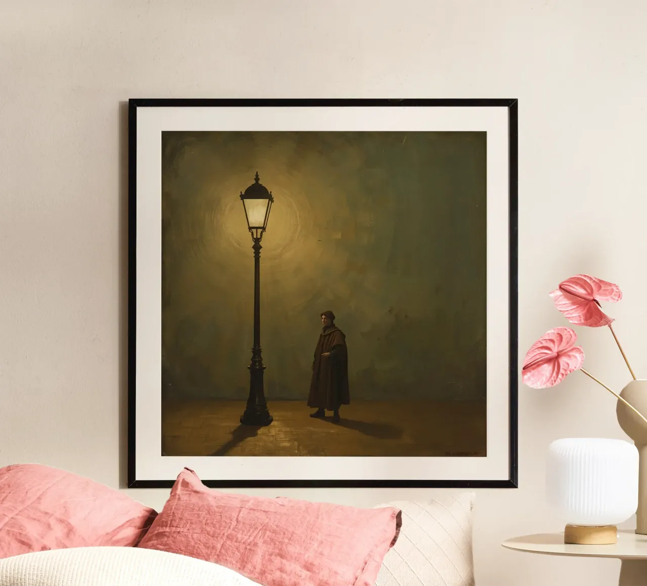 Pittura di un uomo in piedi accanto a un lampione acceso poster con telaio in alluminio da DesignDoodle