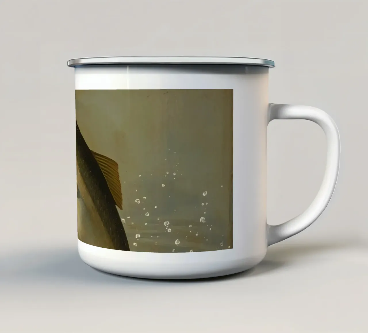 Pittura di una trota che salta in acqua tazza in smalto da DesignDoodle