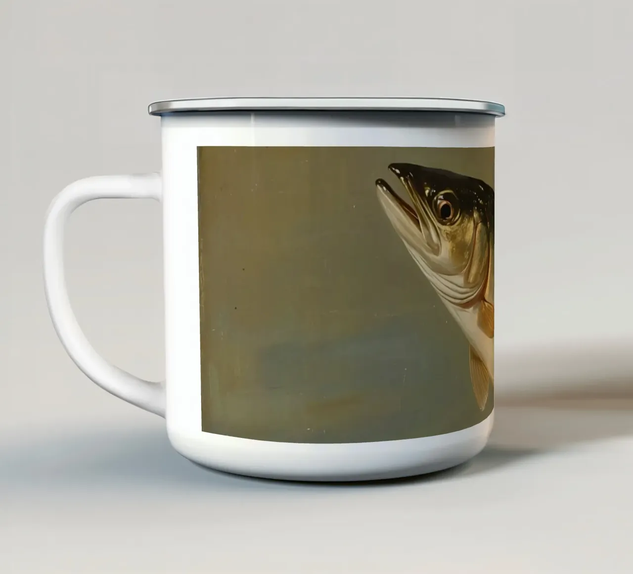 Pittura di una trota che salta in acqua tazza in smalto da DesignDoodle