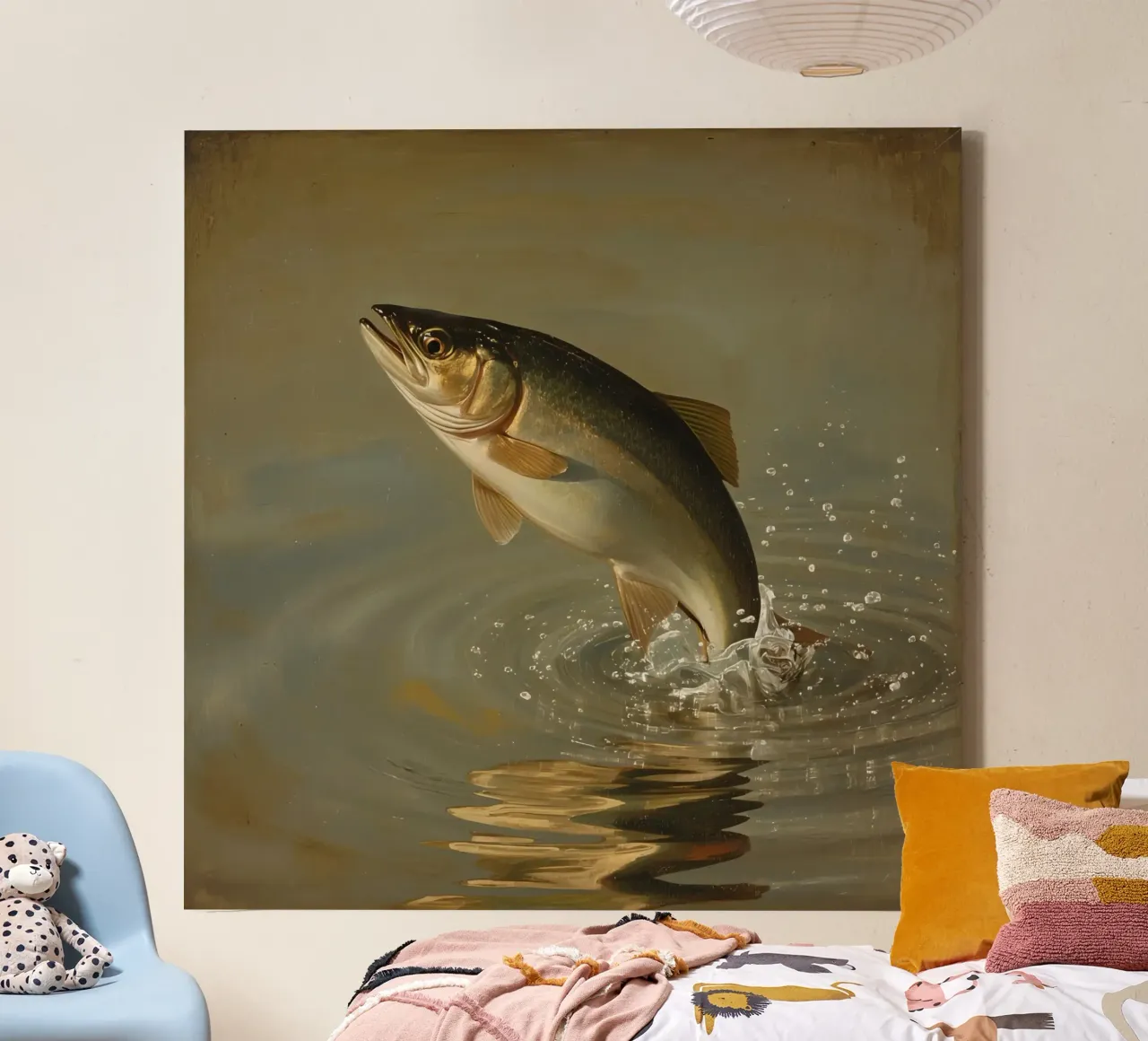 Pittura di una trota che salta in acqua tela con Cornice a cassetta da DesignDoodle