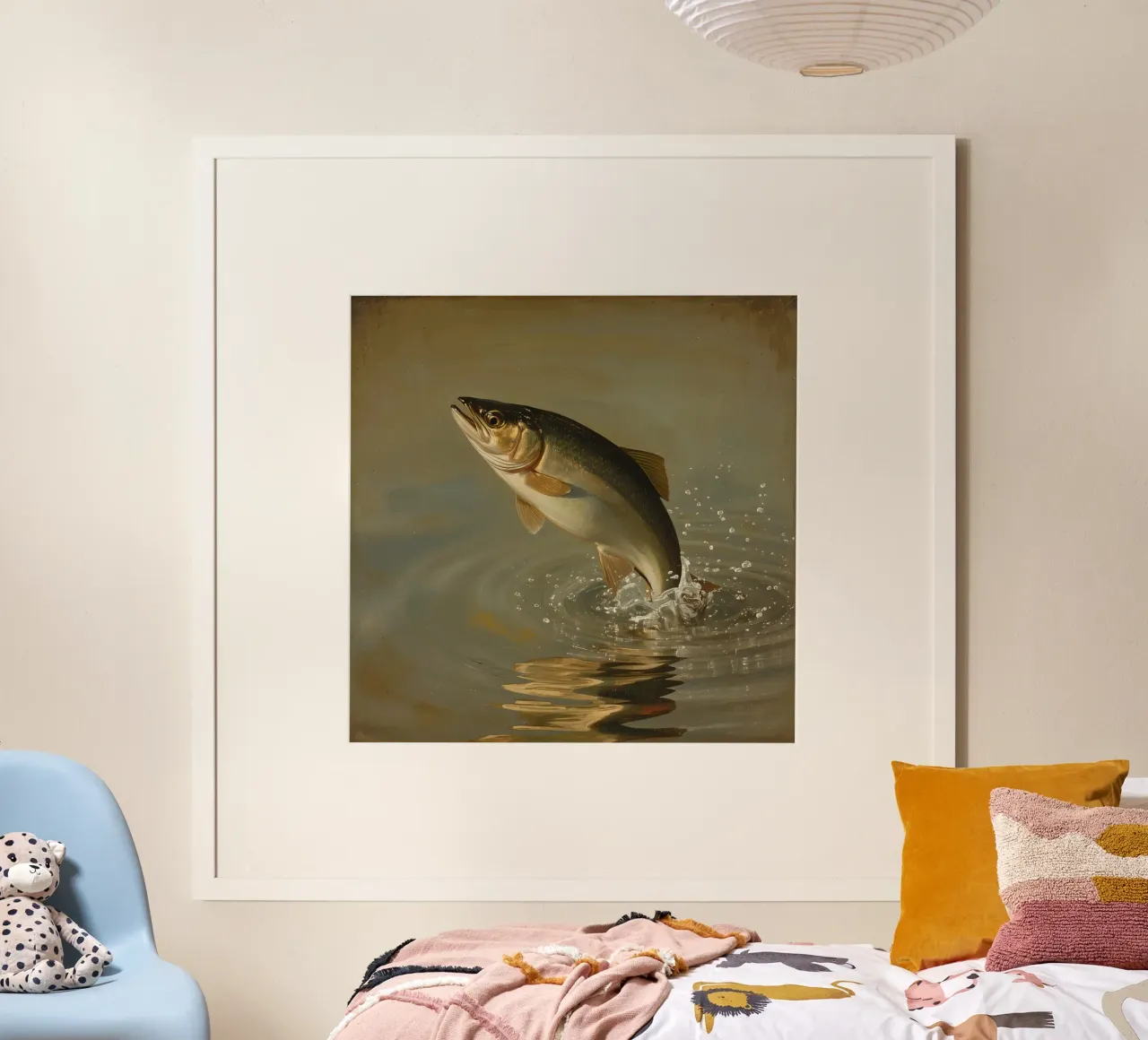 Pittura di una trota che salta in acqua poster con telaio in plastica da DesignDoodle