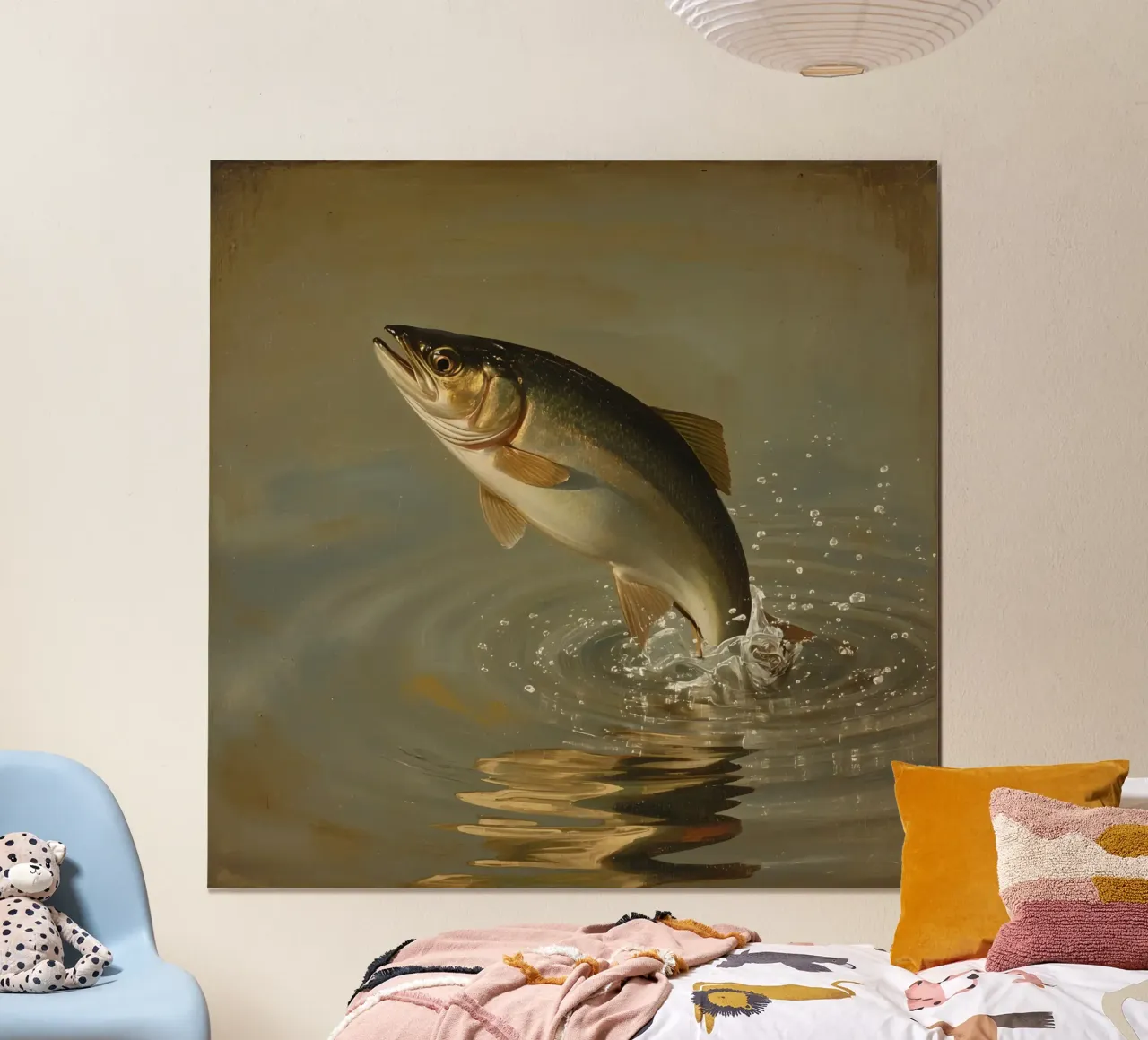 Pittura di una trota che salta in acqua poster con telaio in plastica da DesignDoodle