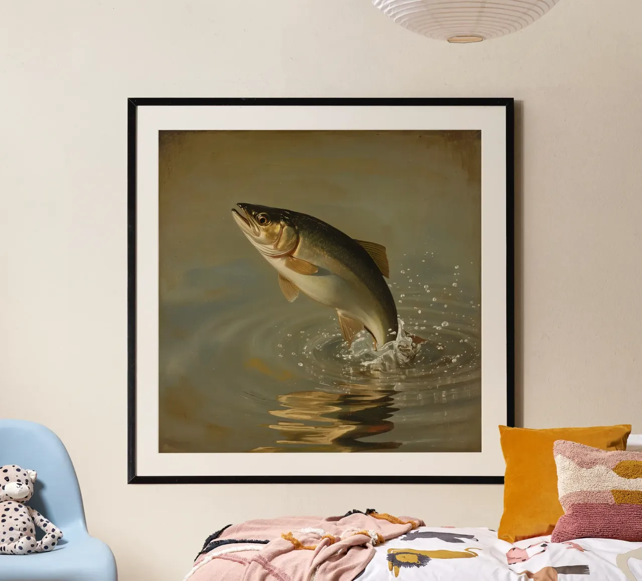 Pittura di una trota che salta in acqua poster con telaio in plastica da DesignDoodle
