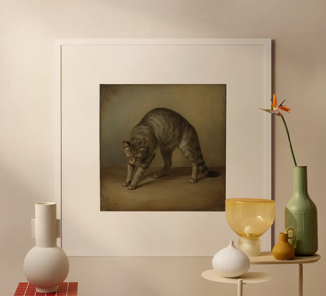Gemälde einer sich streckenden Tabby-Katze Poster von DesignDoodle