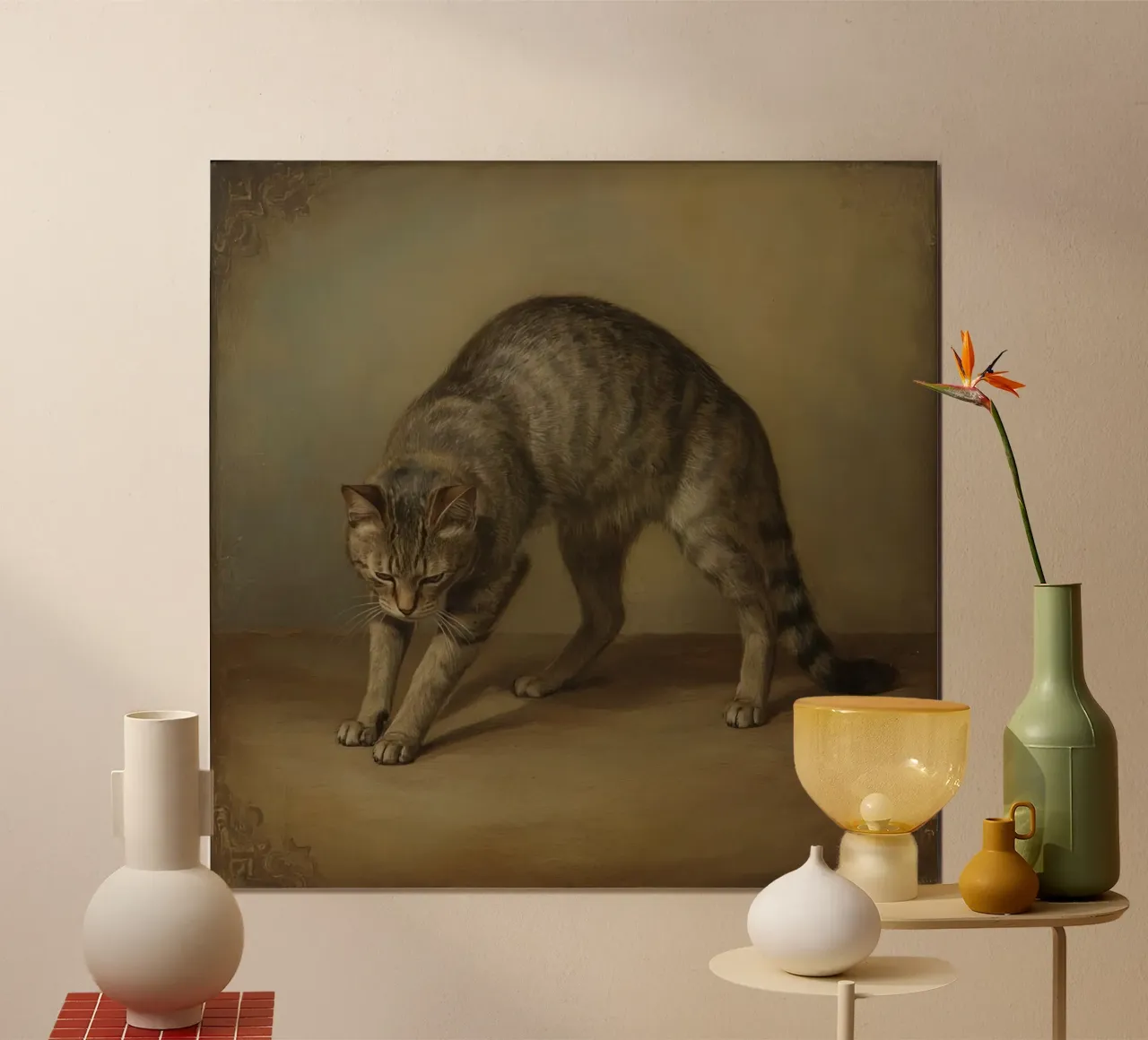 Gemälde einer sich streckenden Tabby-Katze Poster von DesignDoodle