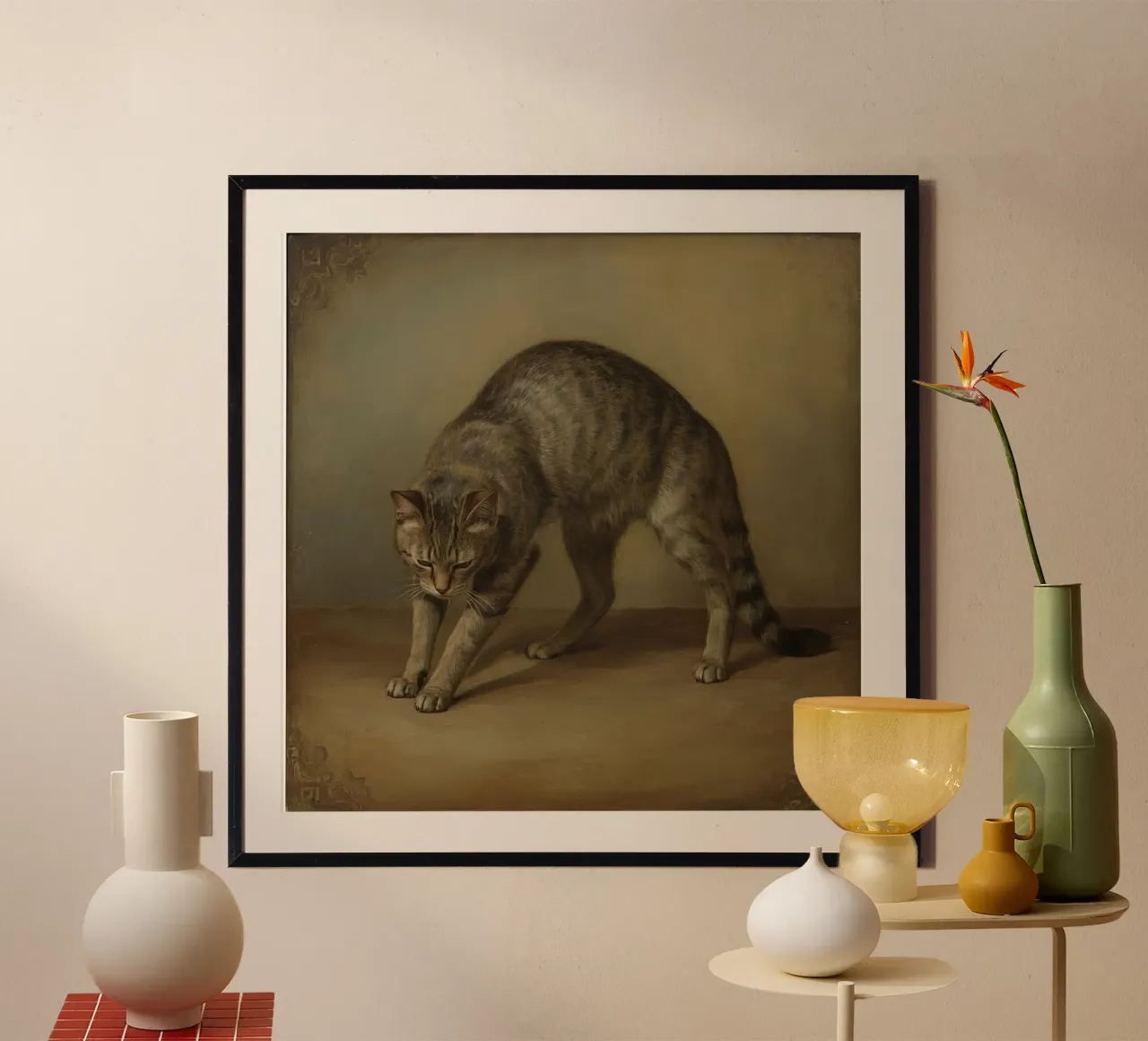 Gemälde einer sich streckenden Tabby-Katze Poster von DesignDoodle