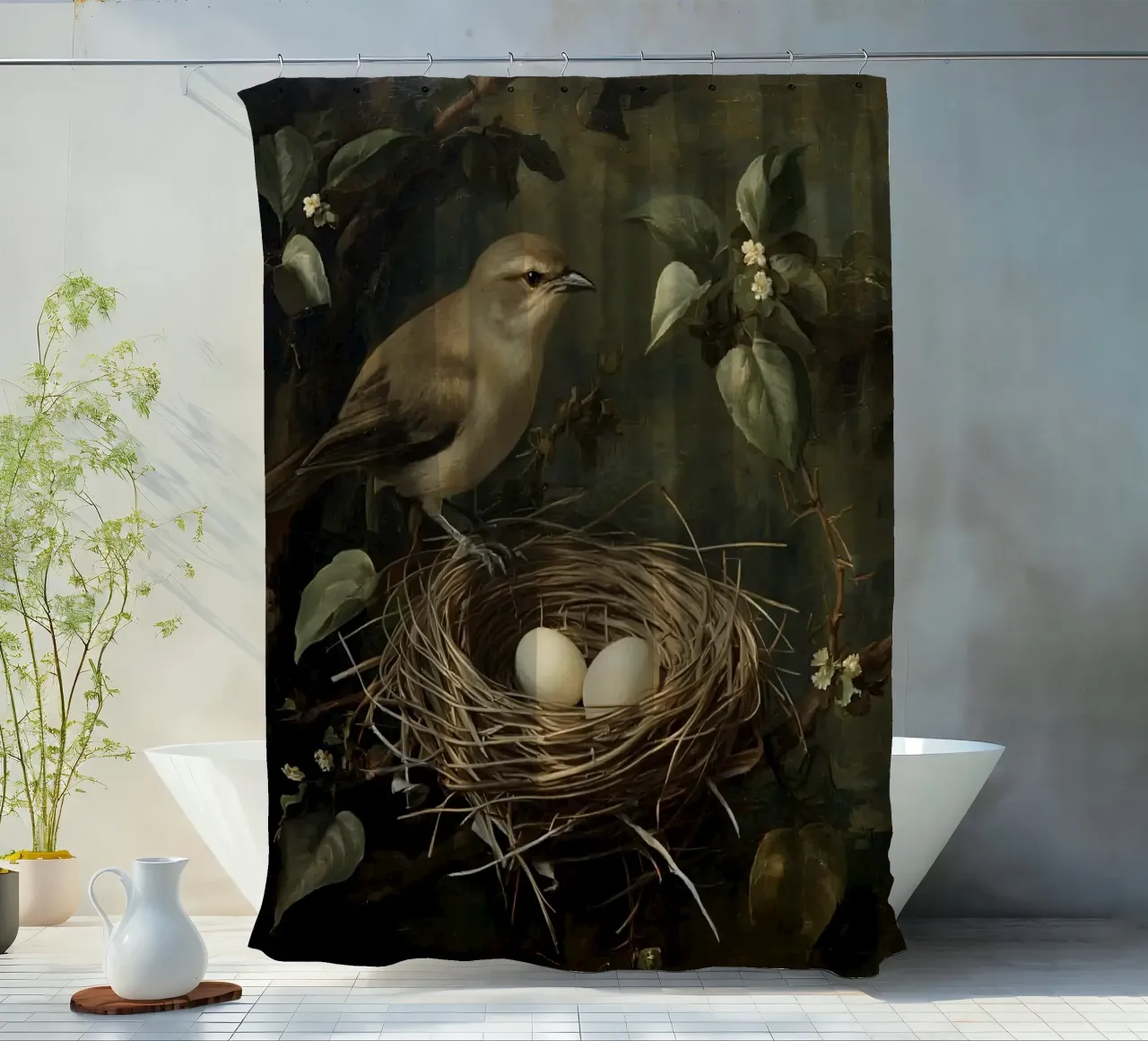 Gemälde von Vogelnest und Eiern auf Zweig Duschvorhang von DesignDoodle