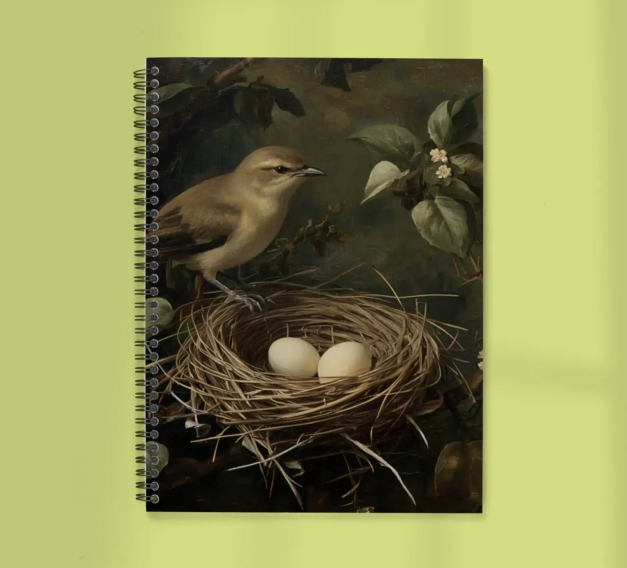 Schilderij van vogelnest en eieren op tak notitieboek met spiraal van DesignDoodle
