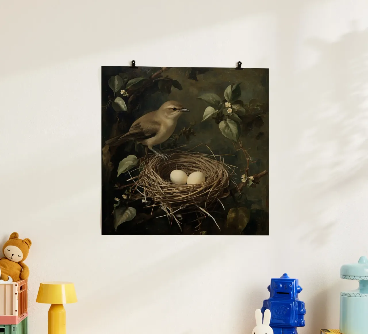 Gemälde von Vogelnest und Eiern auf Zweig Poster von DesignDoodle