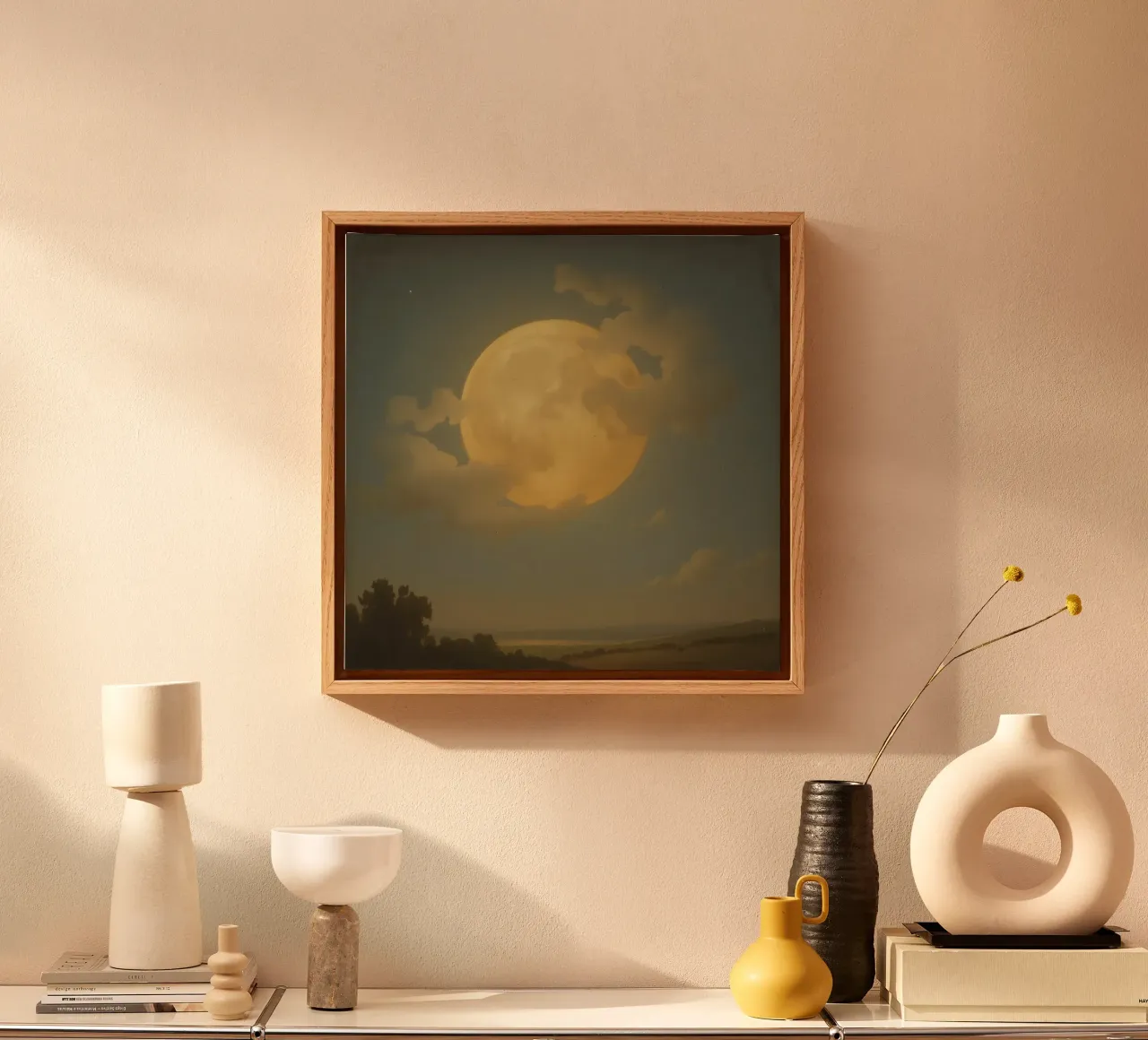 Painting of Full Moon Clouds and Landscape at Dusk canvas with Floater frame by DesignDoodle