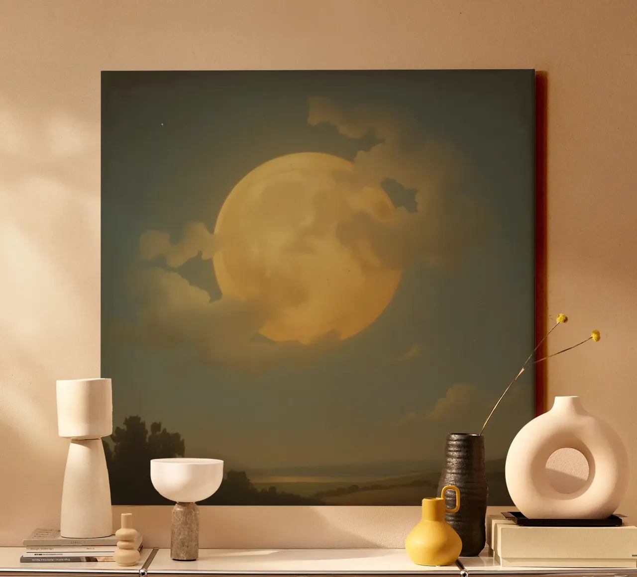 Painting of Full Moon Clouds and Landscape at Dusk canvas with Floater frame by DesignDoodle