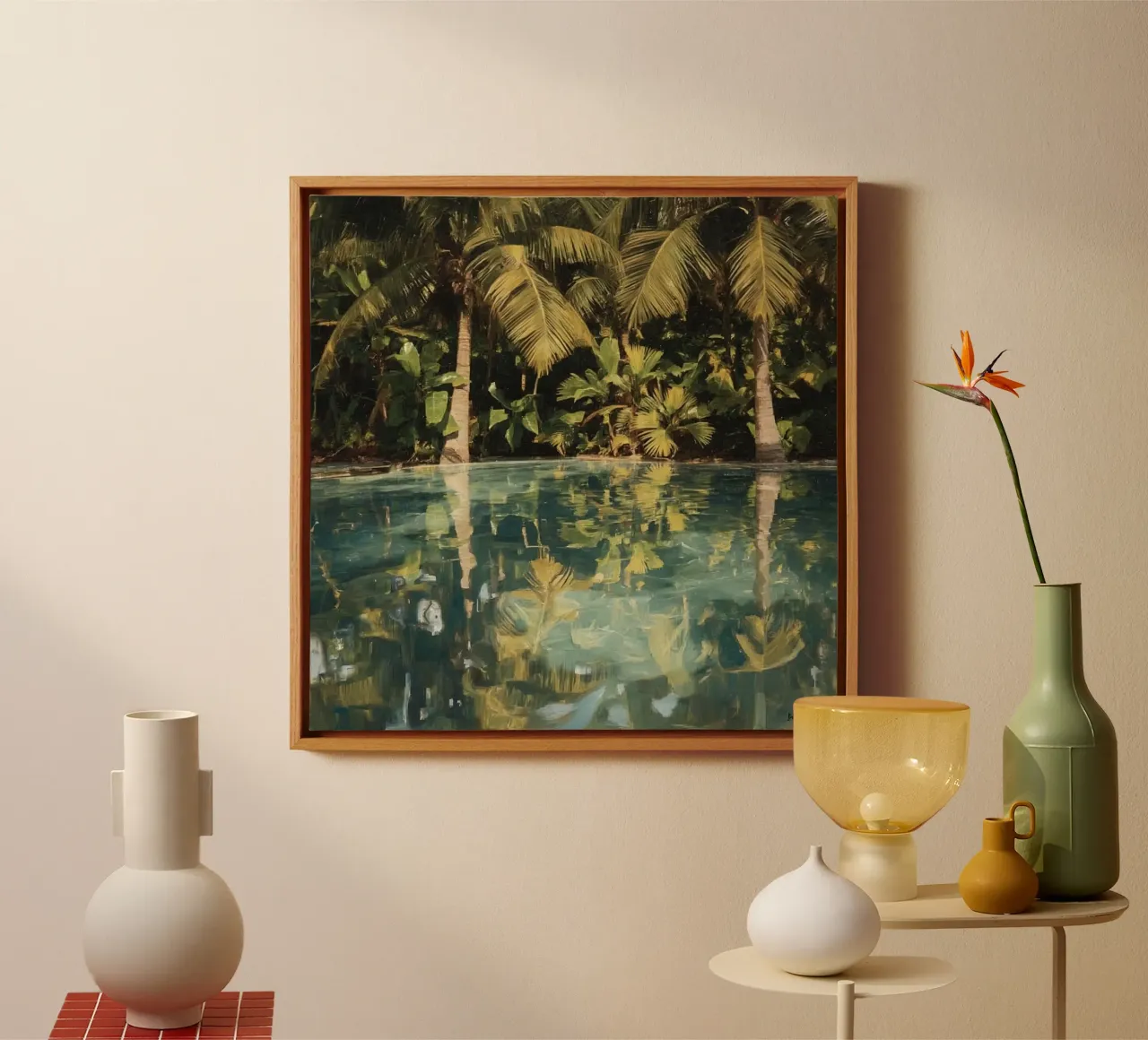 Palm Trees Reflected in Water canvas with Floater frame by DesignDoodle